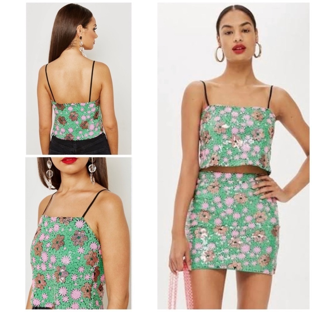 Topshop Green and Pink Sequin crop top